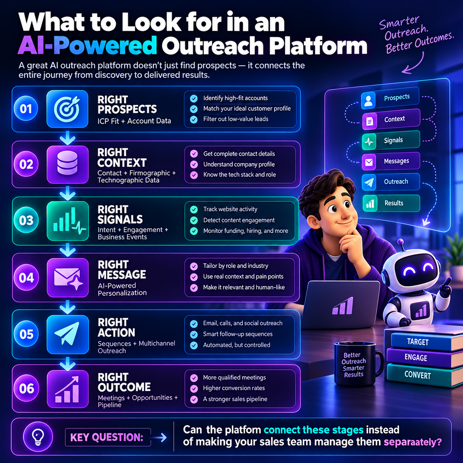 Infographic titled “What to Look for in an AI-Powered Outreach Platform,” showing six stages: prospects, context, signals, message, action, and outcome. A person and friendly robot illustrate connected, smarter outreach.