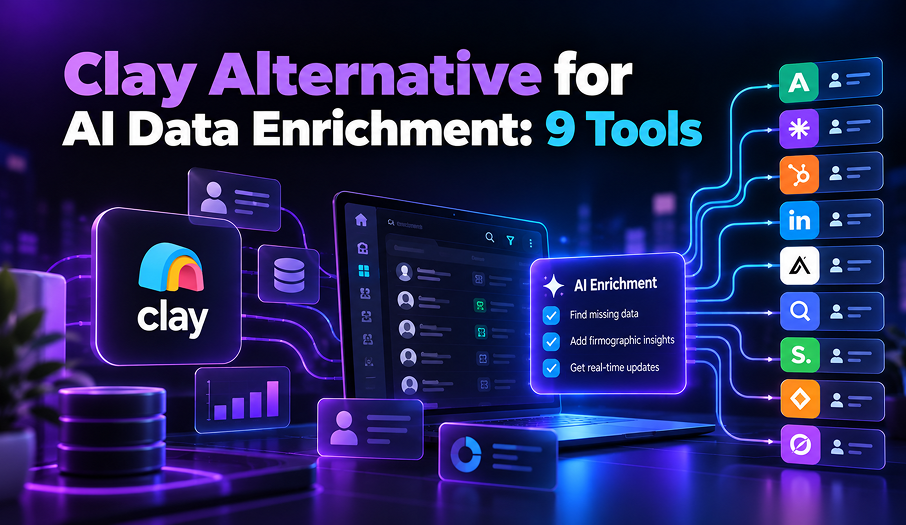 Neon-style infographic titled “Clay Alternative for AI Data Enrichment: 9 Tools,” showing Clay branding, a data dashboard, and connected tool icons in purple and blue.