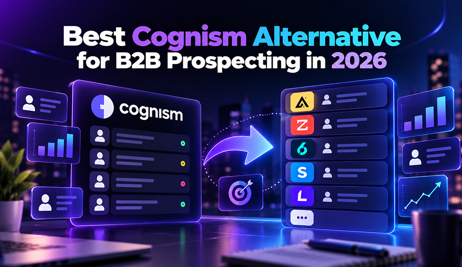 Neon-purple tech graphic titled “Best Cognism Alternative for B2B Prospecting in 2026,” showing a Cognism dashboard, competing tools, and an arrow suggesting comparison.