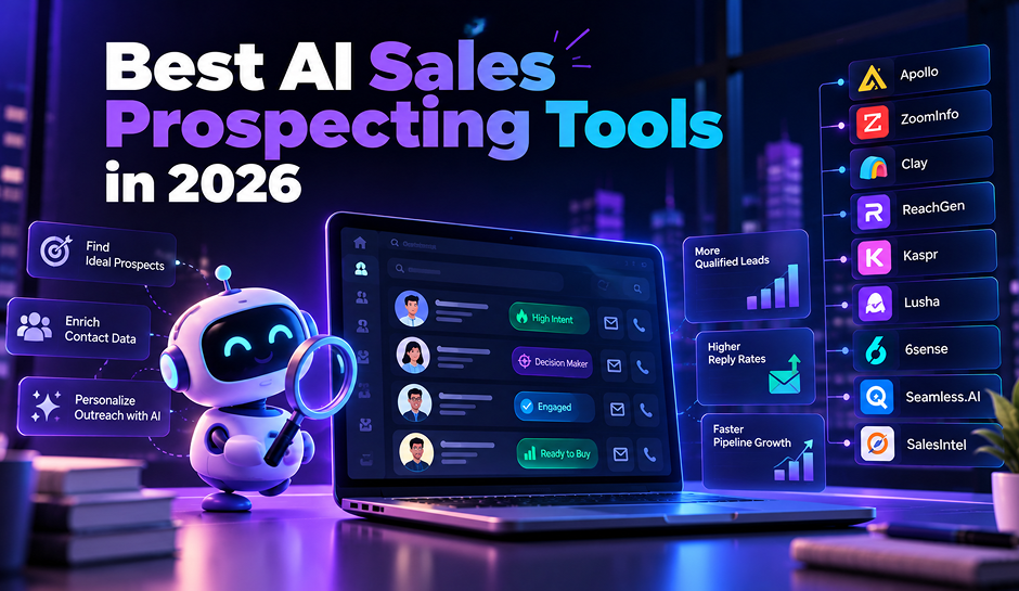 Promotional graphic for “Best AI Sales Prospecting Tools in 2026,” featuring a robot beside a laptop and a list of AI tools.