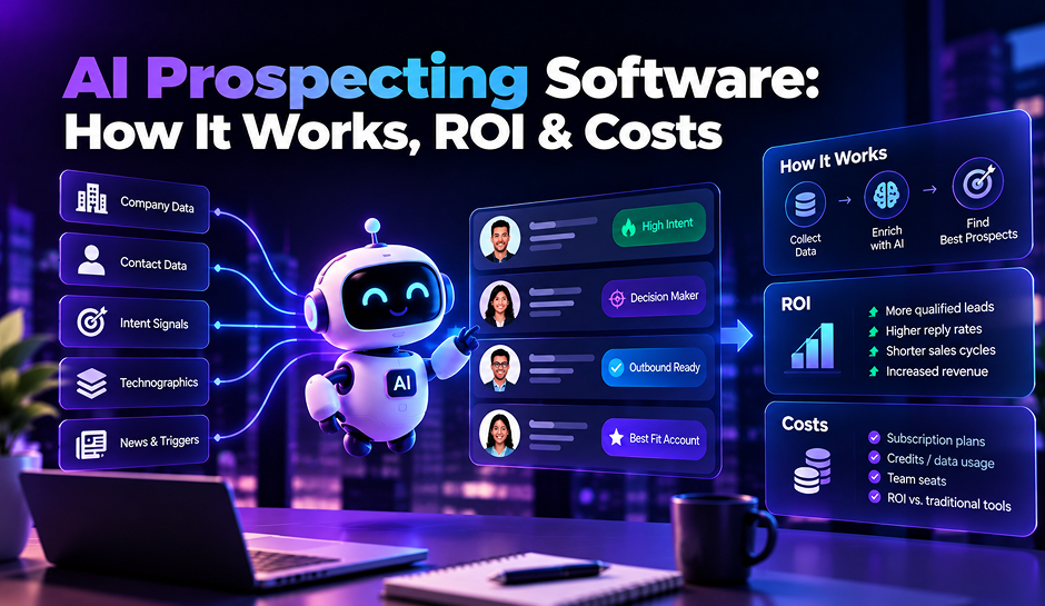 A friendly robot presents AI prospecting software, with data sources, customer profiles, and panels explaining how it works, ROI, and costs in a purple-lit office.