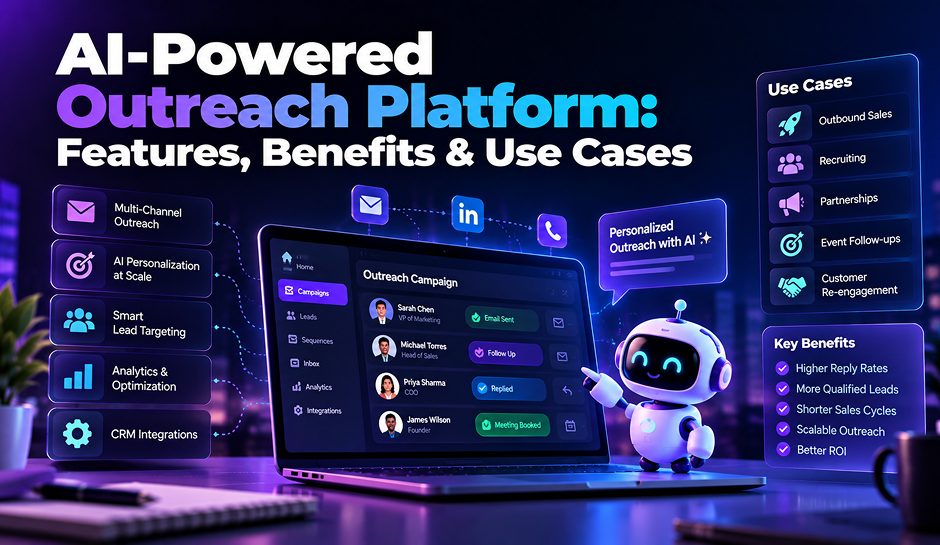 Neon infographic titled “AI-Powered Outreach Platform: Features, Benefits & Use Cases,” showing a dashboard, AI robot, and tools for personalized sales and recruiting outreach.
