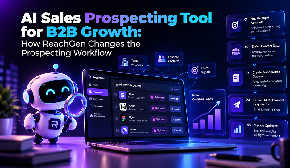A cheerful robot stands beside a laptop showing ReachGen’s AI sales prospecting dashboard, with lead lists, workflow steps, and glowing charts in a futuristic purple-blue workspace.