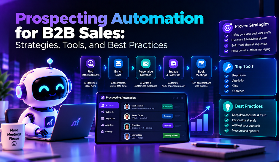 Futuristic B2B sales prospecting infographic with a smiling robot, automated workflow cards, strategy and tool panels, and a glowing dashboard.