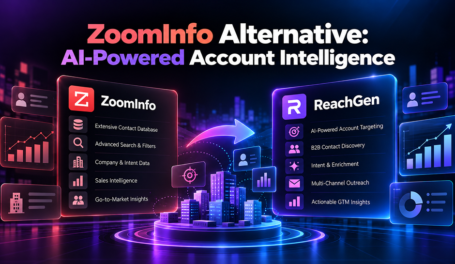 Graphic comparing ZoomInfo and ReachGen as AI-powered account intelligence platforms, with feature lists and glowing futuristic city visuals.